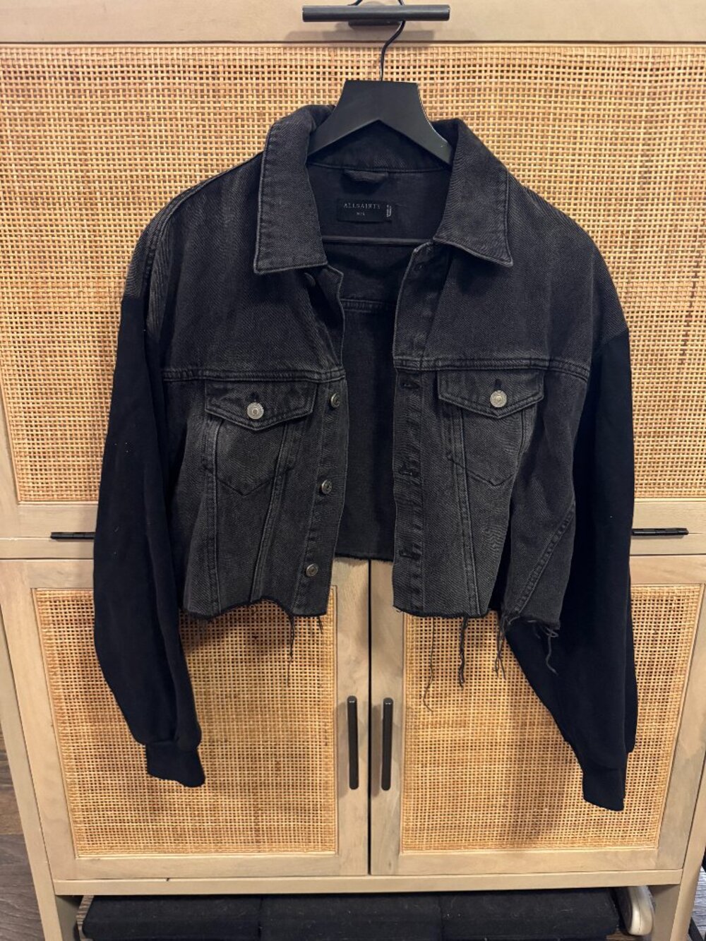 All Saints Cropped Denim Sweatshirt Jacket